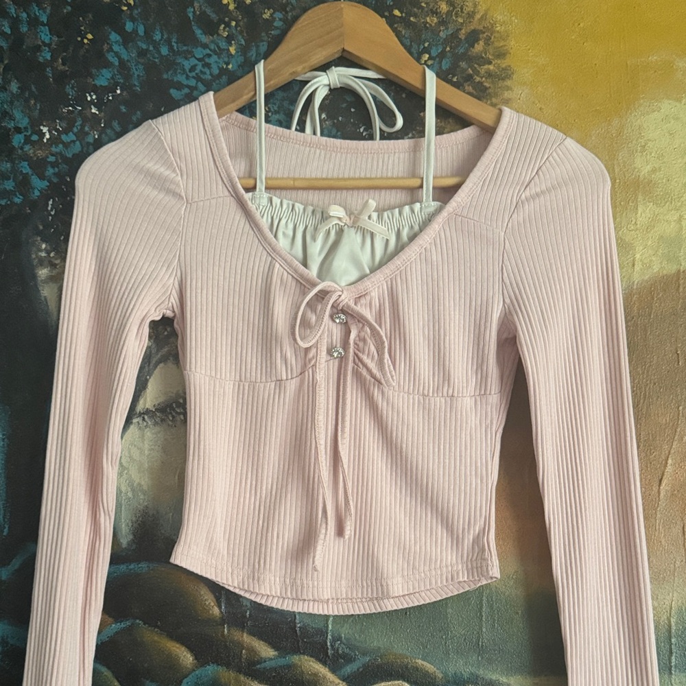 YesStyle Light Pink Ribbed Blouse with Tie Detail